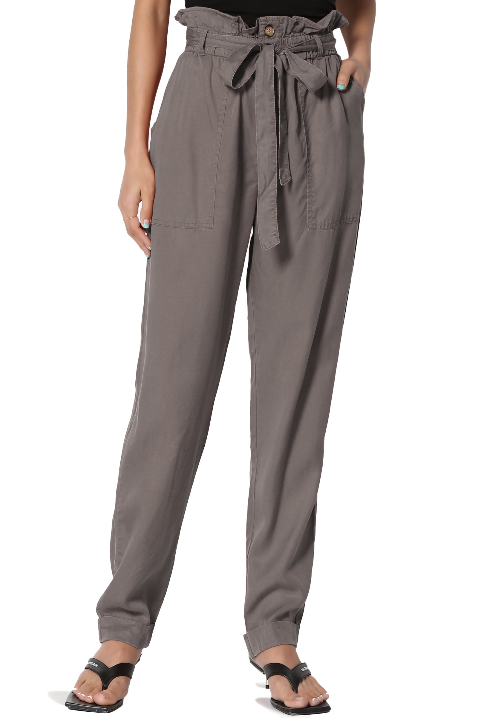 TheMogan - TheMogan Women's Belted Paperbag High Waist Tencel Cuffed Tapered Leg Trouser Pants