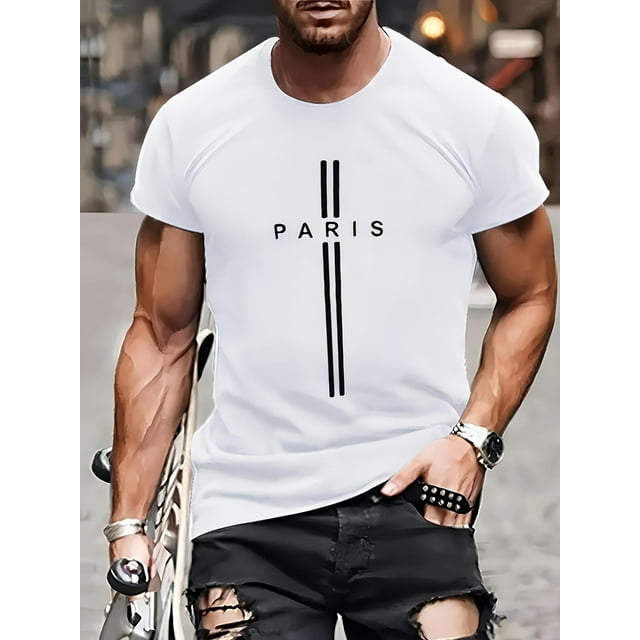 Playera Para Hombre - T-shirtMen's Fashion "PARIS" Letter 3D Digital Print T-Shirt, Summer Mesh Fabric, Casual Round Neck Short Sleeve Top, Street Style, Polyester, Regular Fit, Sleeve Length, Unise