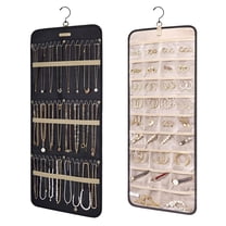 Hanging Jewelry Organizer Storage Roll with Hanger Metal Hooks Double-Sided Jewelry Holder for Earrings, Necklaces, Rings on Closet, Wall, Door, 1 piece, Large, Black