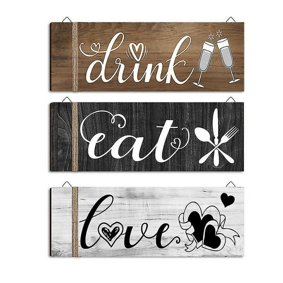 Farmhouse Kitchen Decor, Rustic Wooden Eat Drink Love Signs for Home Dinning Room Decoration, Vintage Style Plaques with Hanging Holes for Easy