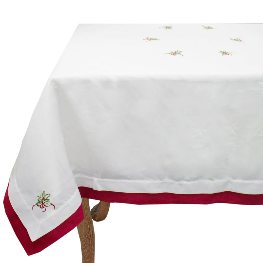 Embroidered Holly Christmas Tree DoubleLayer Holiday Tablecloth (White