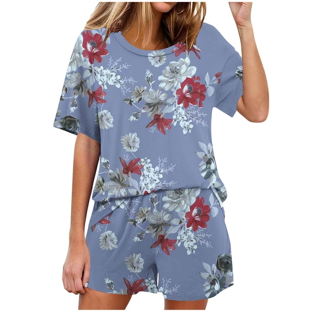 Conjunto de Pijama de las Mujeres de Moda Casual Color Sólido Manga Corta Cuello Redondo Top Y Pantalones