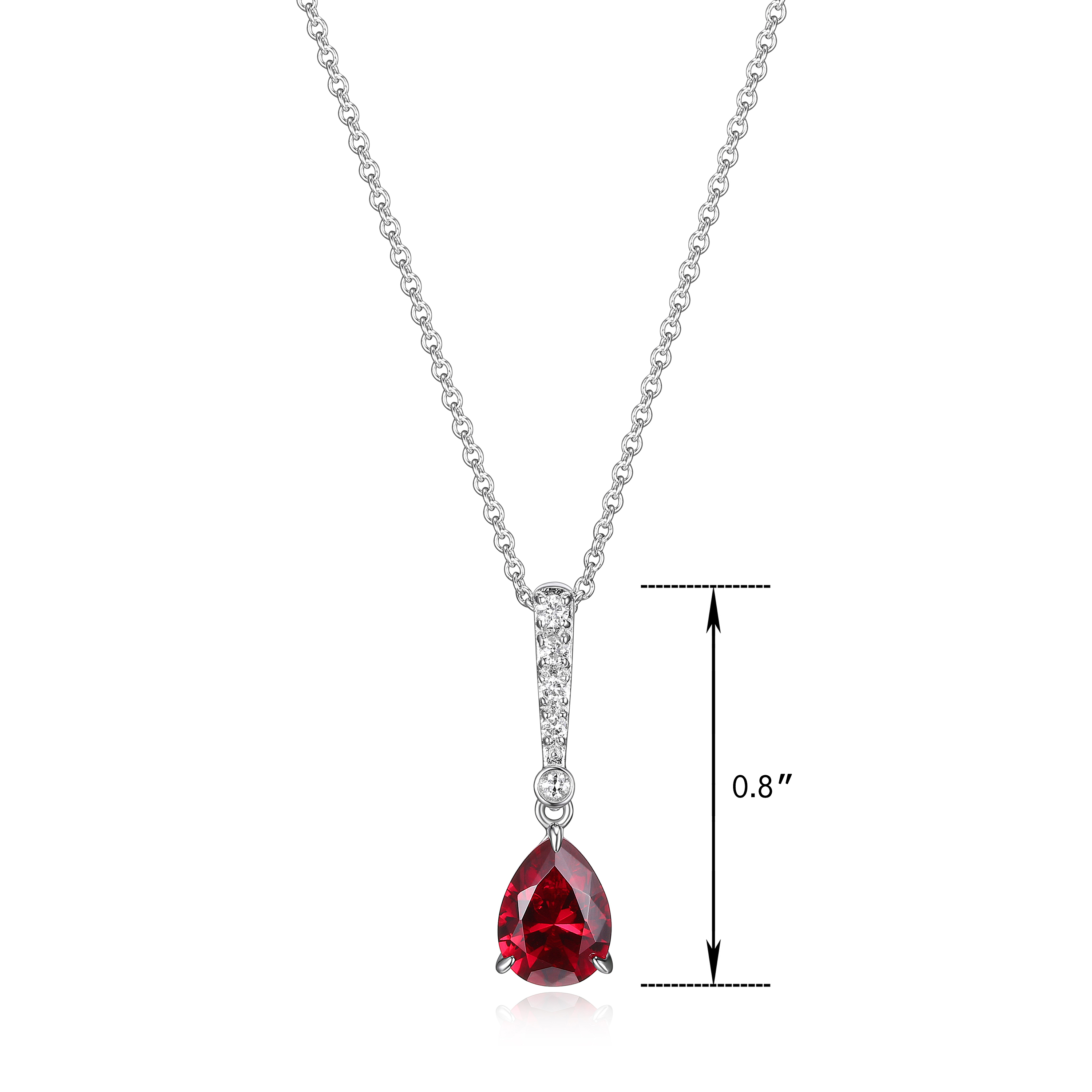 Forever Facets Jewelry Platinum Over Sterling Silver Created Ruby and 1/10th Carat Total Weight Lab Grown Diamond Pear Linear Tear Drop Necklace (H-I Color, I1 Clarity)