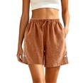 thumbnail image 2 of Karymi Capri Pants for Women Cotton Linen Drawstring Elastic High Waist Floral Embroidery Hem Loose Casual Bermuda Solid Shorts with Side Pockets Women's Pants, 2 of 6