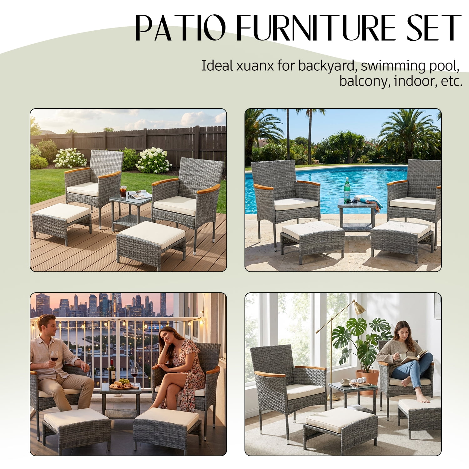 5 Pieces Outdoor Patio Furniture Set with Table&Ottoman Outdoor Furniture Patio Set Bistro Wicker Patio Set (Brown Wicker&Khaki Cushion)