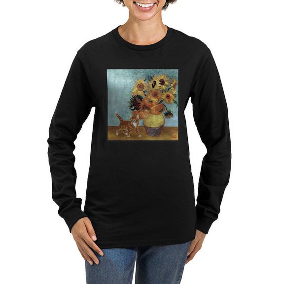 CafePress - Sunflowers & Kitten Women's Long Sleeve Dark T Shi - Women's Long Sleeve Graphic Tee Casual Fit