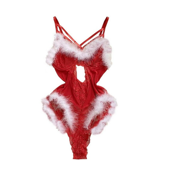 Odeerbi Women's Lingerie Bodysuit Set 2025 Valentine's Day Christmas Lingerie For Lace Trim Spaghetti Straps V Neck Push Up Bodysuit Lingerie Red