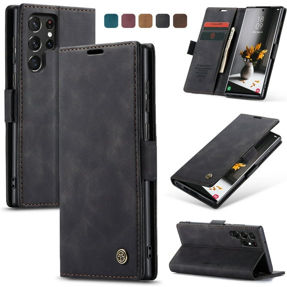 ELEHOLD Luxury Leather Wallet Case for Samsung Galaxy S23 Ultra with Card Slots Money Pocket Kickstand Magnetic Closure Shockproof Anti-Scratch Purse Case,Black