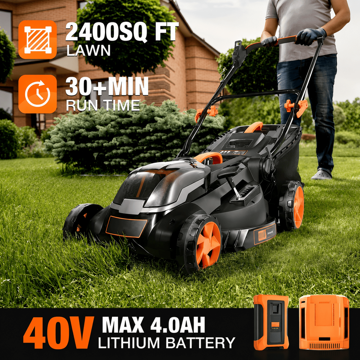 DOVAMAN 40V 19" Cordless Lawn Mower, Brushless Electric Lawn Mower, 6-Position Height, 2-in-1 Mulch & Bag, Battery and Charger Included (4.0Ah)