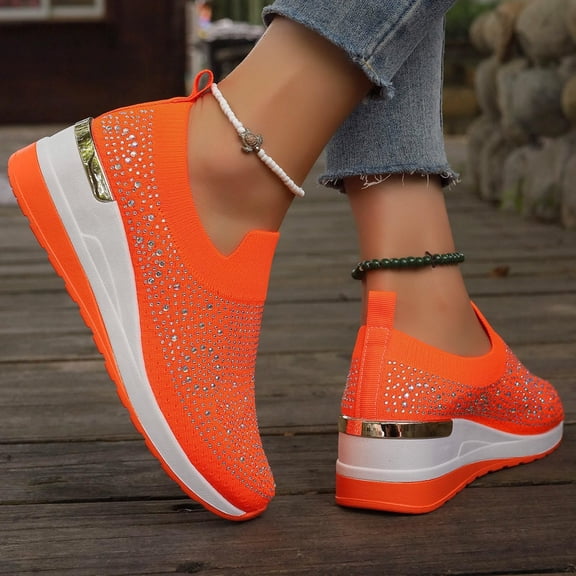 Women's 2026 Rhinestone Mesh Slip-On Sneakers, Orthopedic Wedge Lightweight Walking Shoes & Sparkly Bling Loafer for Fashion, Walking & Casual Comfort, 37