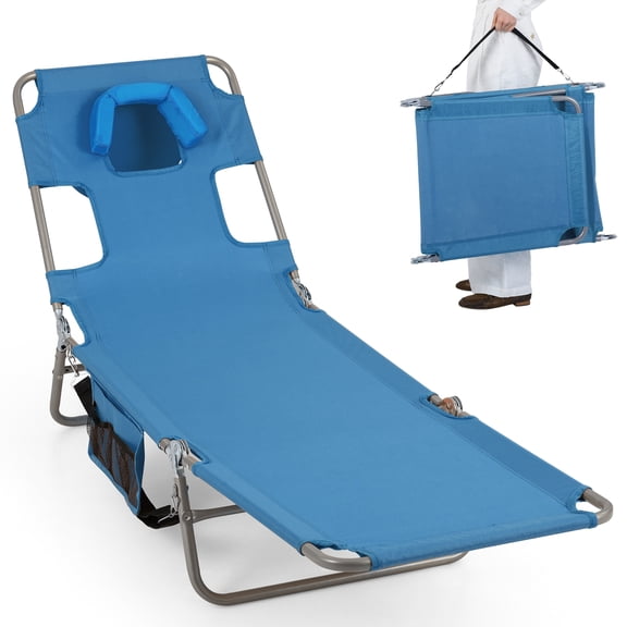 Costway Patio Tanning Chair,Folding Beach Lounge Chair with 5-Position Adjustable Backrest Blue