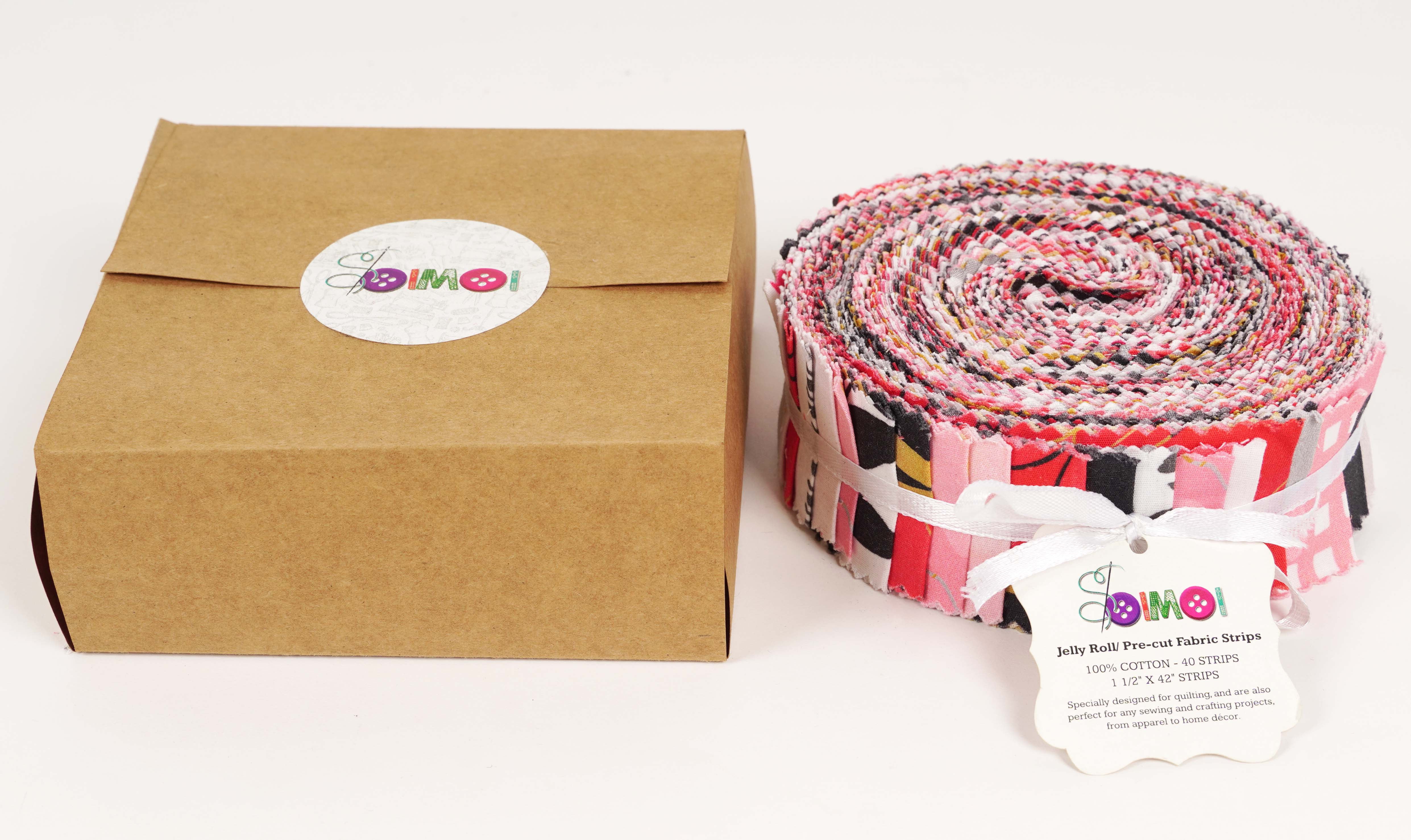 Soimoi 40Pcs Floral Print Precut Fabrics Strips Roll Up 1.5x42inches Cotton Jelly Rolls For Quilting - Pink White & Black