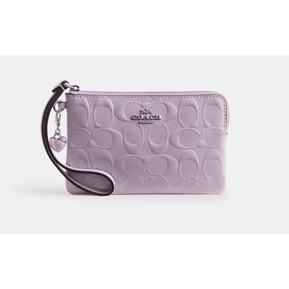 Coach Women’s Small Corner Zip Wristlet in Signature Patent Leather with Heart Charm – Pearlized Finish