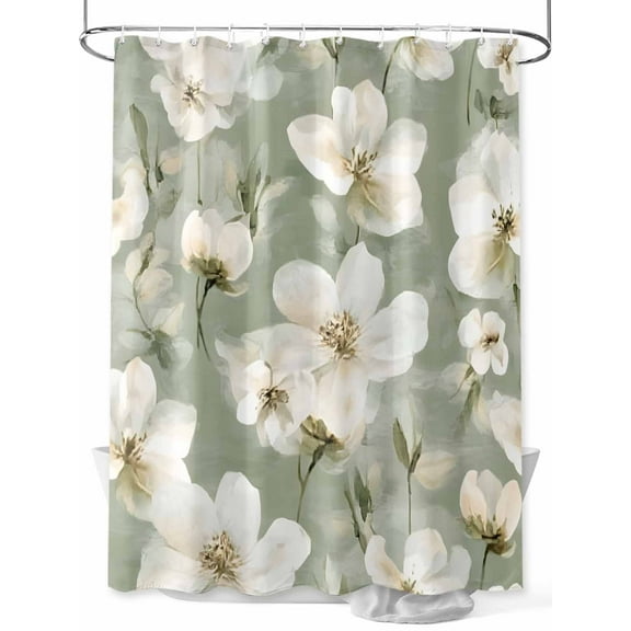 Vintage Magnolia Shower Curtain, White Blooming Floral Watercolor Green Waterproof Shower Curtain Set with 12 Hooks Lightweight Washable Fabric Shower Curtains for Bathroom 36x72 Inches