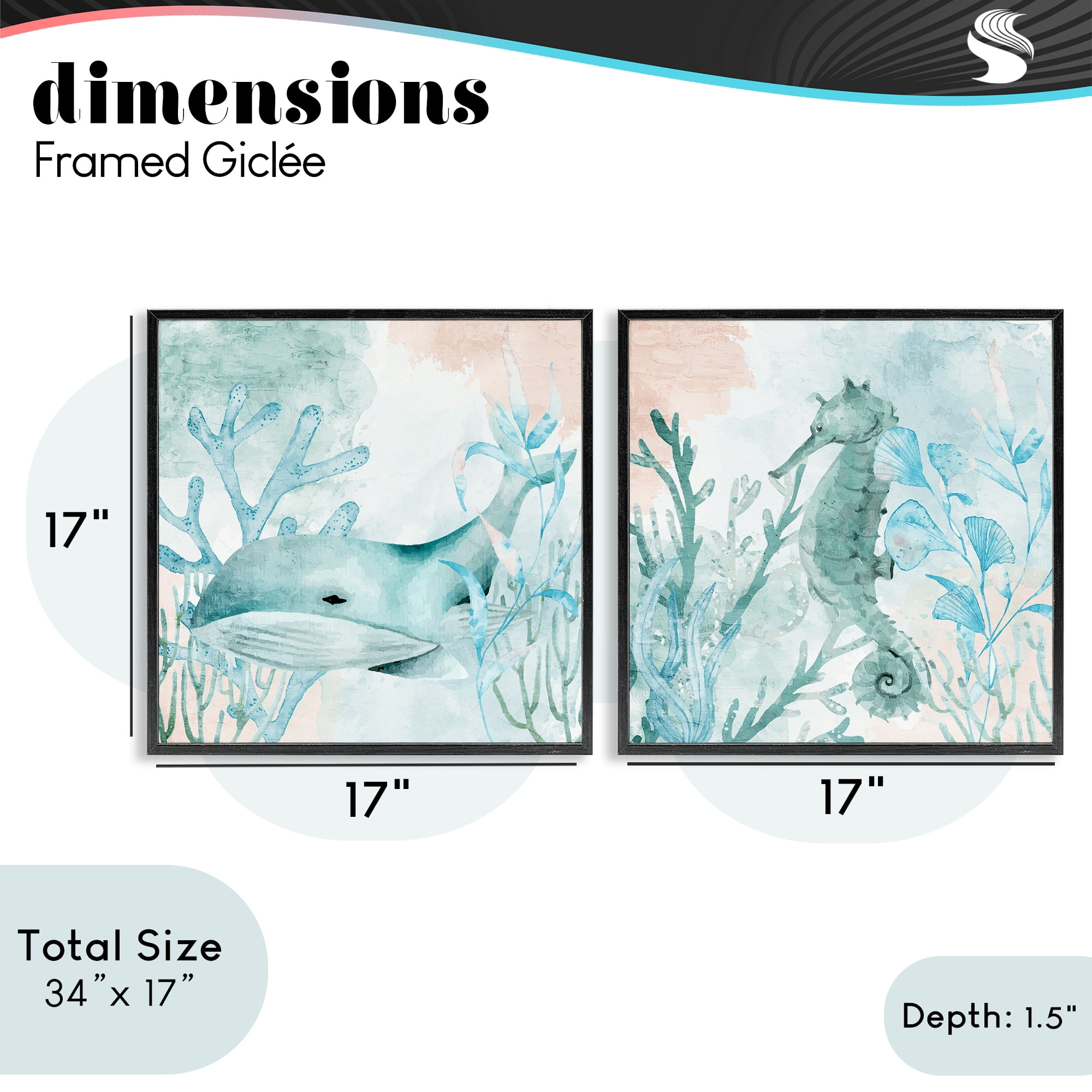 Stupell Industries Whale & Seahorse Sea Swim 2 Piece Black Framed Giclee Art Set, design by Kim Allen