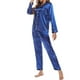 thumbnail image 4 of Conjunto de pijama para mujer: ropa de dormir de satén, camisa de manga larga con cuello en V y pantalones, color liso, corte holgado para todas las estaciones., 4 of 5