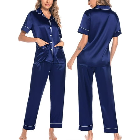 

Women s Silk Satin Pajamas Set Short Sleeve Button Down Sleepwear 2 Pcs Pjs with Pockets