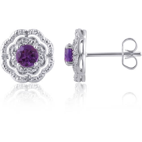 Arista Created Amethyst and Diamond Accent Flower Halo Frame Stud Earrings in Silver Tone Brass
