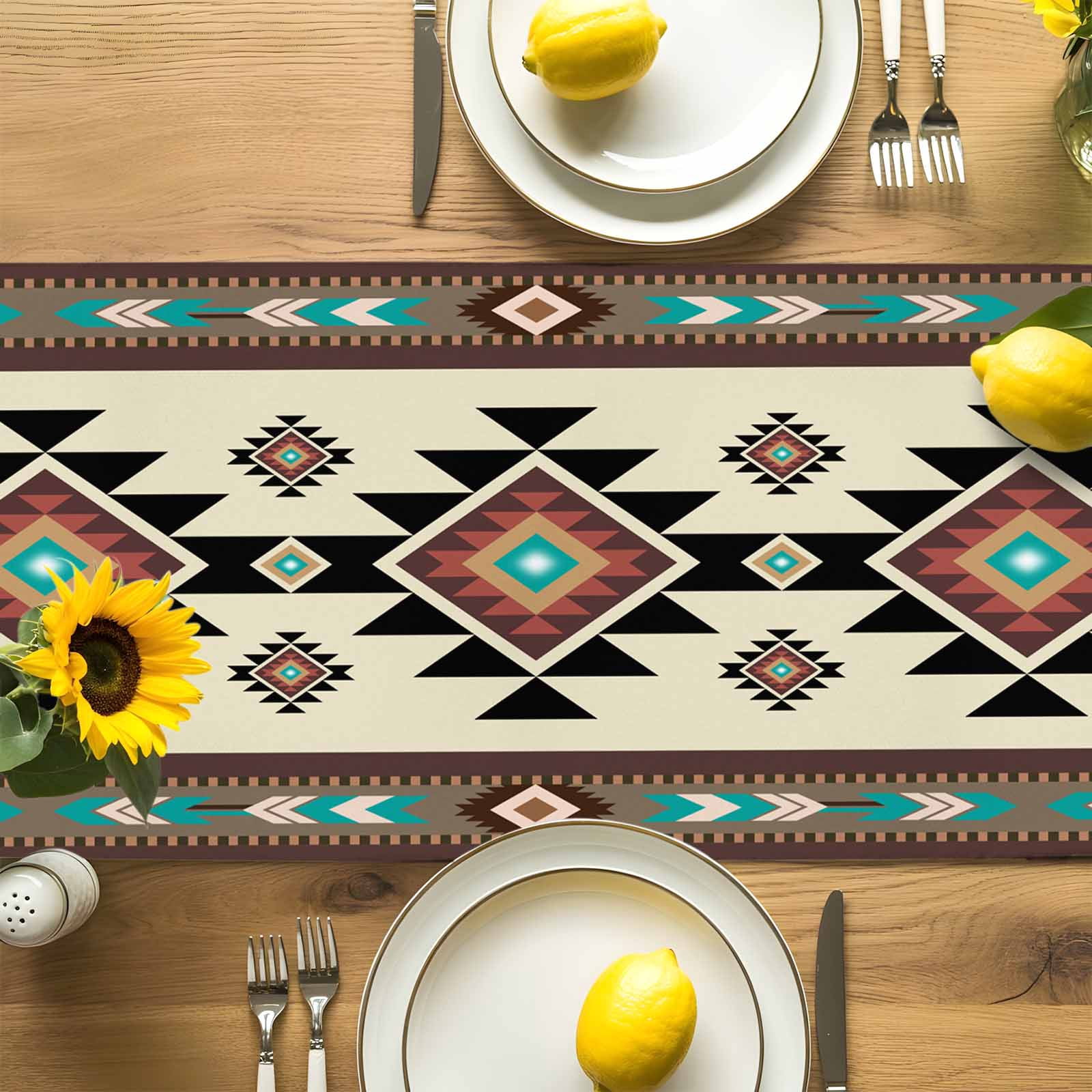Brown Aztec Ethnic Art Table Runner 90 Inches Long, Retro Tribal Brown Texture Table Runners Tabletop Scarf Kitchen Dining Tables Decoration for Home Party Indoor Outdoor