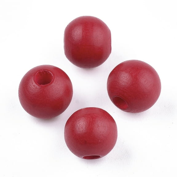 200pcs Painted Natural Wood Beads Round Crimson 10x8.5~9mm Hole: 2~3mm