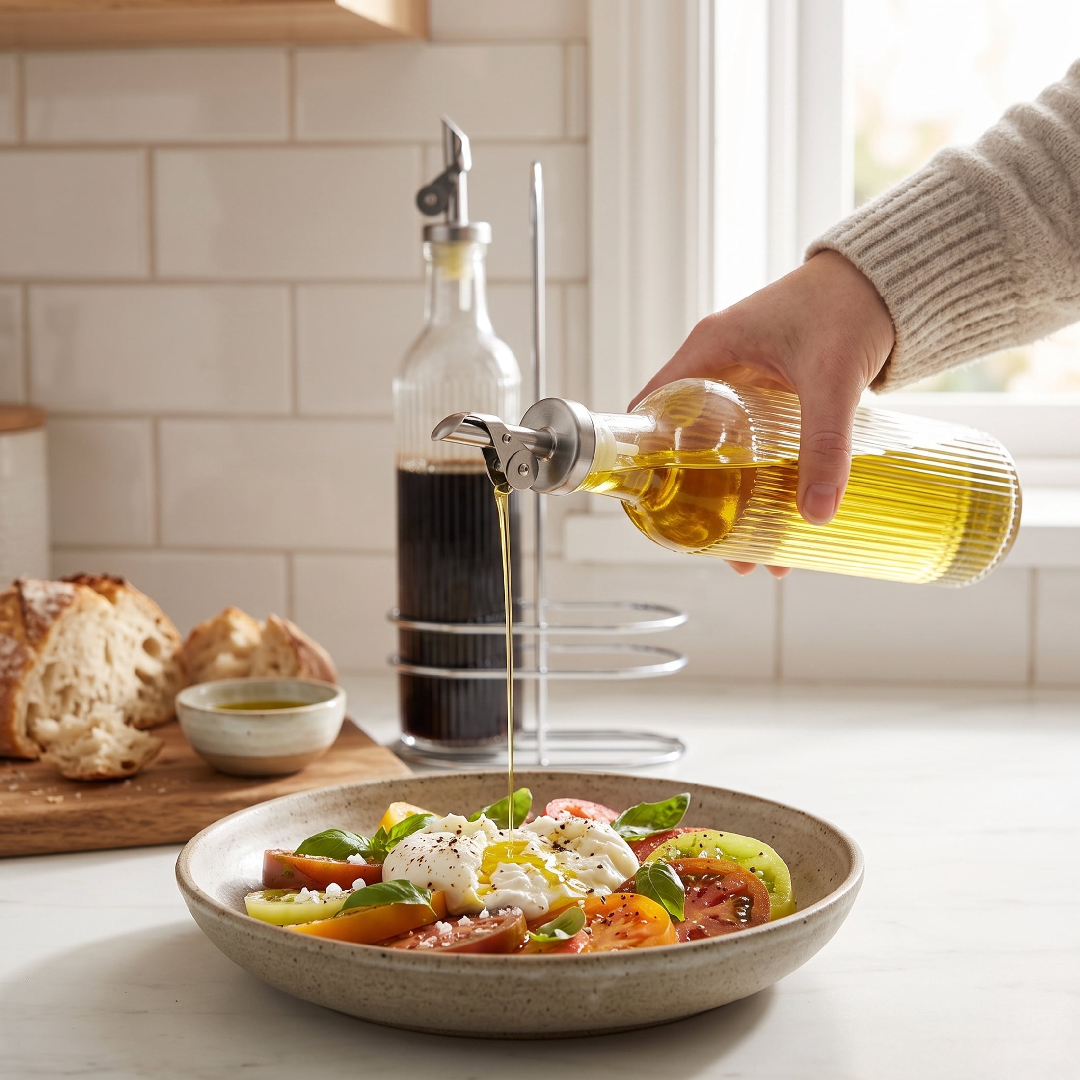 Cook with Color Drip-Free Glass Oil & Vinegar Dispenser Set with Storage Rack