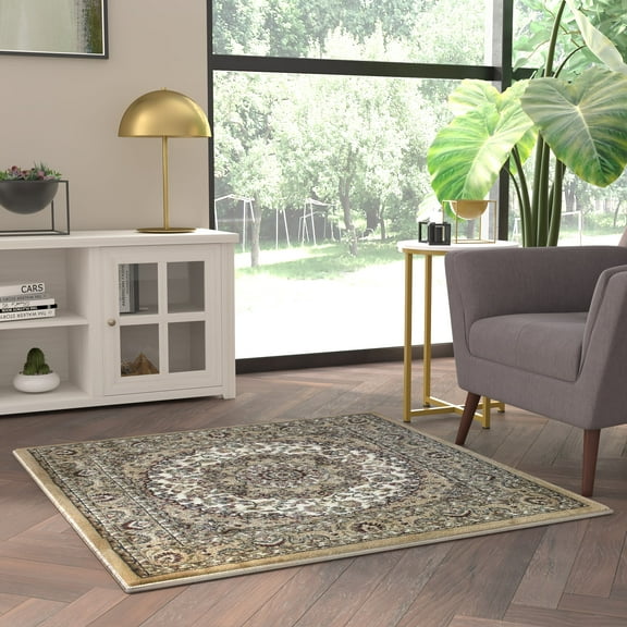 Emma   Oliver Ultra Soft 4'x4' Square Olefin Accent Rug with Traditional Multicolor Medallion Design in Ivory with Natural Jute Backing