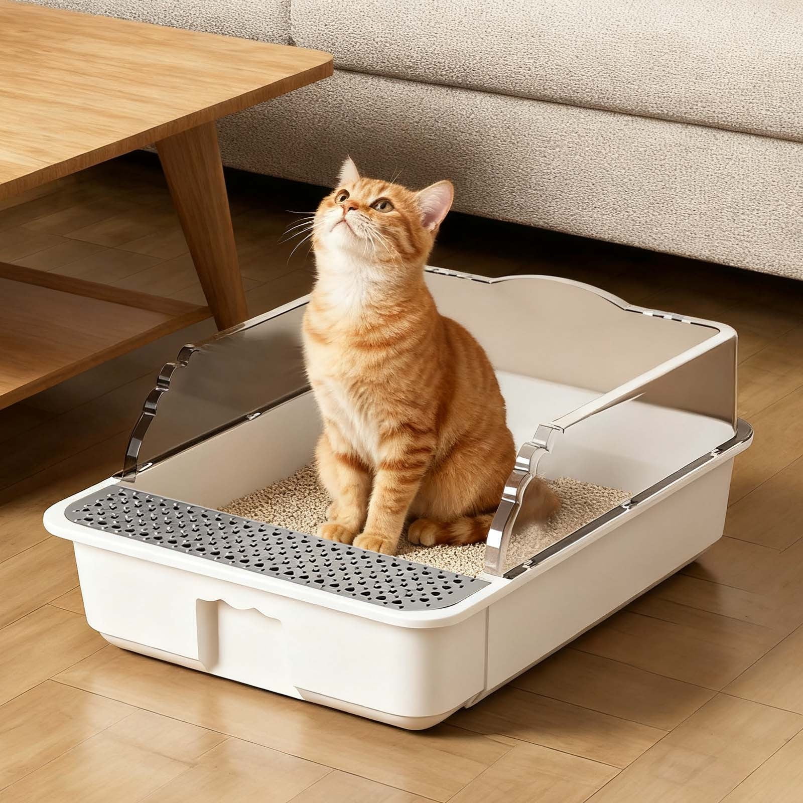 High-Sided Open Cat Litter Pan with Removable Mat for Easy Cleaning Semi-Enclosed Design Reduces Splashing and Scatter