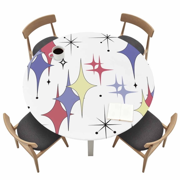 Red Purple Diamond Fitted Tablecloth with Elastic Edged, Round Table Cloth for Dining Table, Modern Geometric Middle Century Retro Waterproof Oil Proof Table Cover for Indoor Outdoor 45"-54"