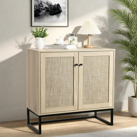 Qeetex Boho Rattan Sideboard Buffet Cabinet with Adjustable Shelves and Woven Doors for Kitchen Living Room and Entryway