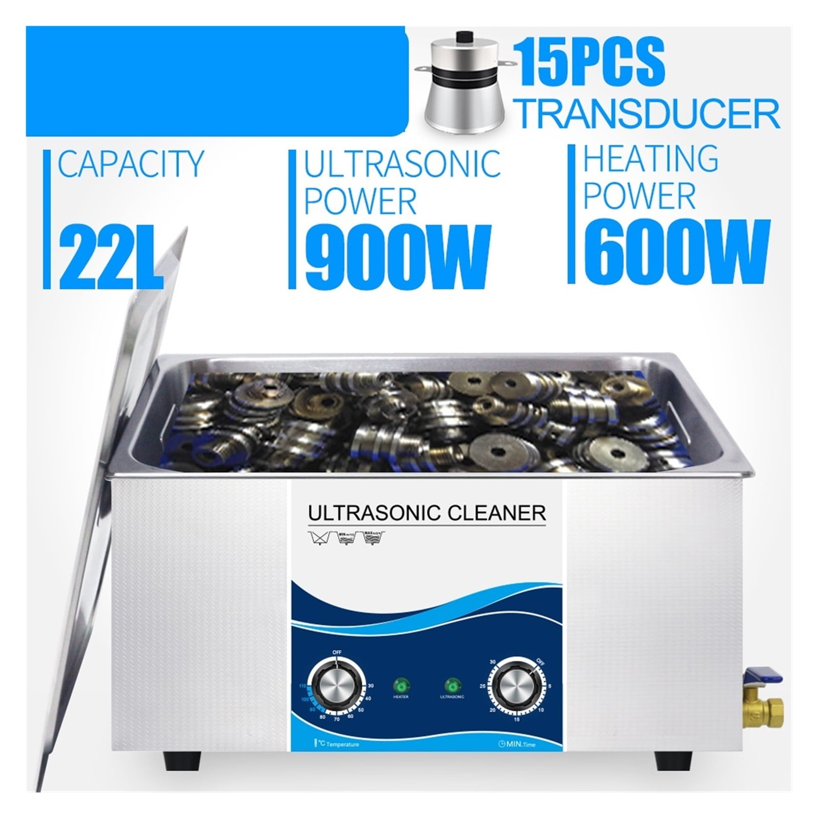 Ultrasonic Cleaner Industrial 22L 900W Heated Timer Stainless Steel Ultrasound Bath For 3D Eyeglasses Auto Engine Parts ,Strong Cleaning