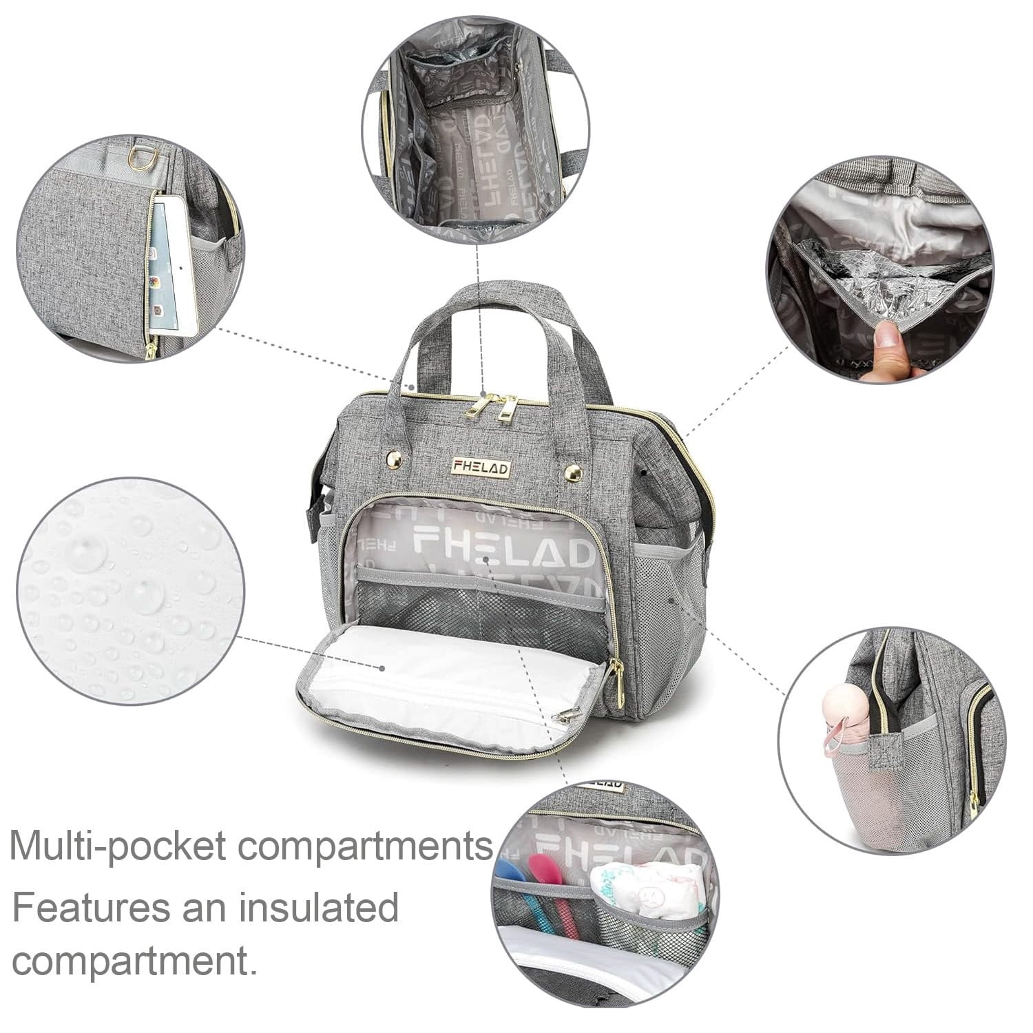 DEFAHN Small Diaper Backpack, Waterproof Crossbody Bag, Tote Bag  for Travel, Gray