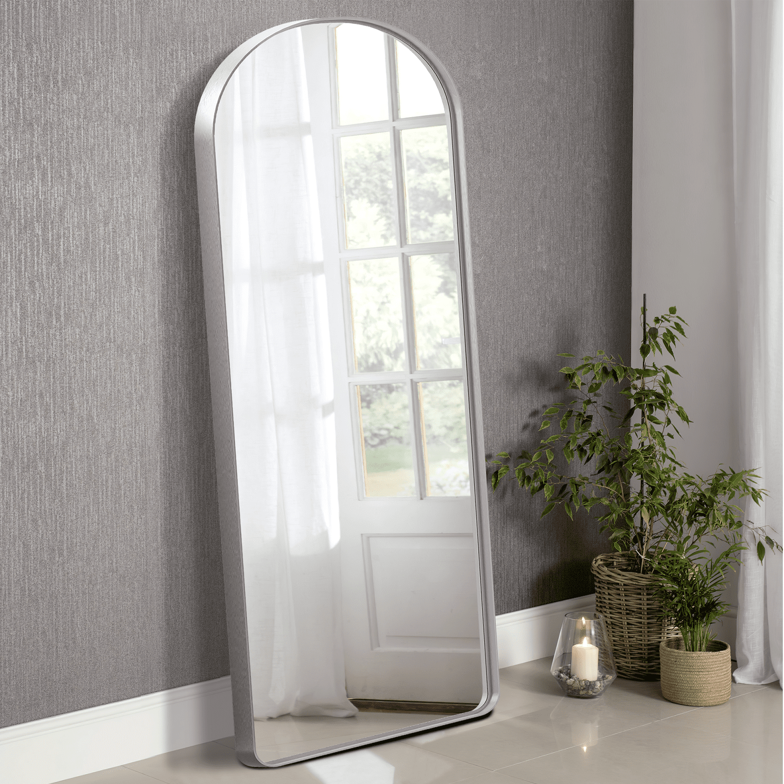 64"x21" Aluminum Alloy Wall Mount Rounded Corner Arched Mirror,Silver Vertical hanging without bracket