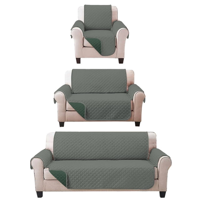 Juego de Protector Cubre Sala Doble Vista Capitonado, Incluye: Protector de Sofá, Love Seat y Sillón Individual GRIS VERDE OSCURO