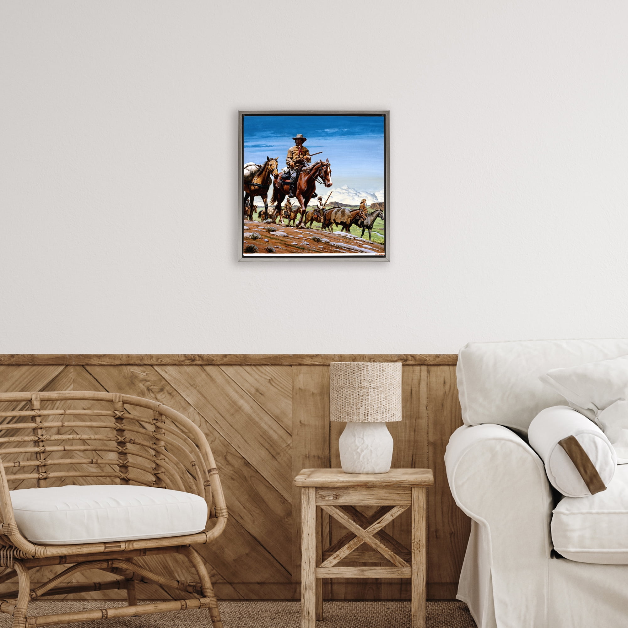 Santa Fe Trail Cowboys Gray Framed Floater Canvas Wall Art, design by Wind River Studios
