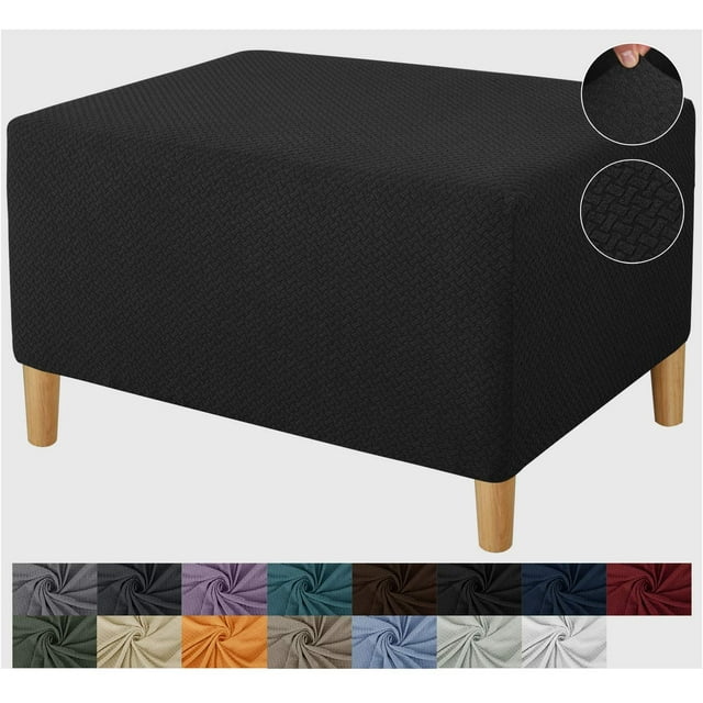 GHSDFBB Super Stretch Rectangle Ottoman Slipcover Oversized Soft Spandex Jacquard Small Ottoman Covers Square Footstool Slipcover Storage with Elastic Bottom for Living Room (Large, Black)