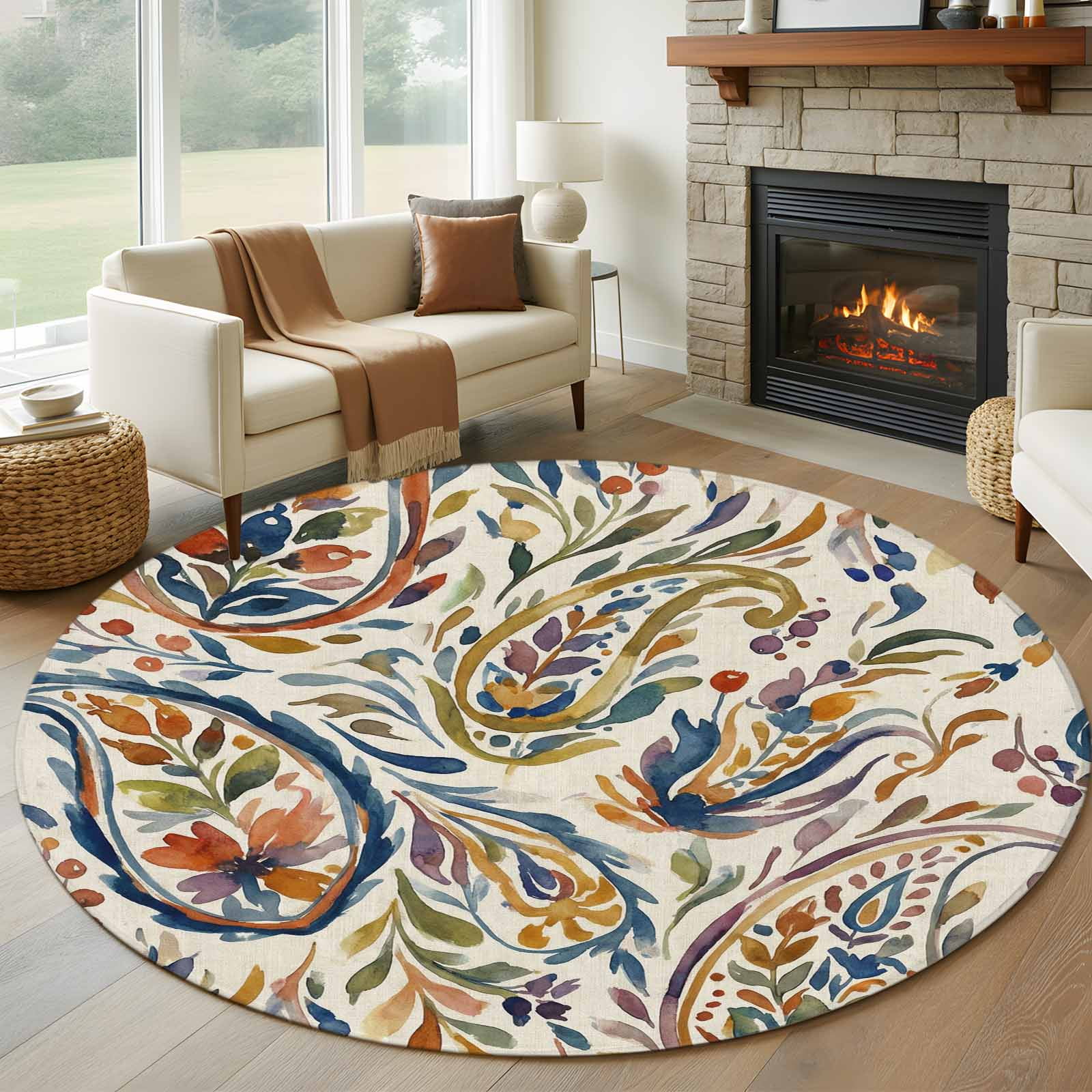 Round Area Rugs Collection 5 Ft, Paisley Flower Non-Slip Residential Carpet, Spring Watercolor Vintage Floral Leaf Plant Indoor Crawling Mats Runner Rugs for Living Room/Dining Room/Bedroom