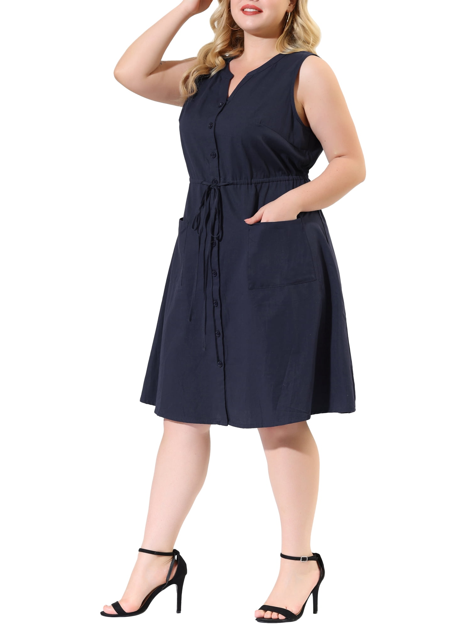 Unique Bargains Women's Plus V Neck Sleeveless Drawstring with Pocket Midi Shirtdress 3X Dark Blue