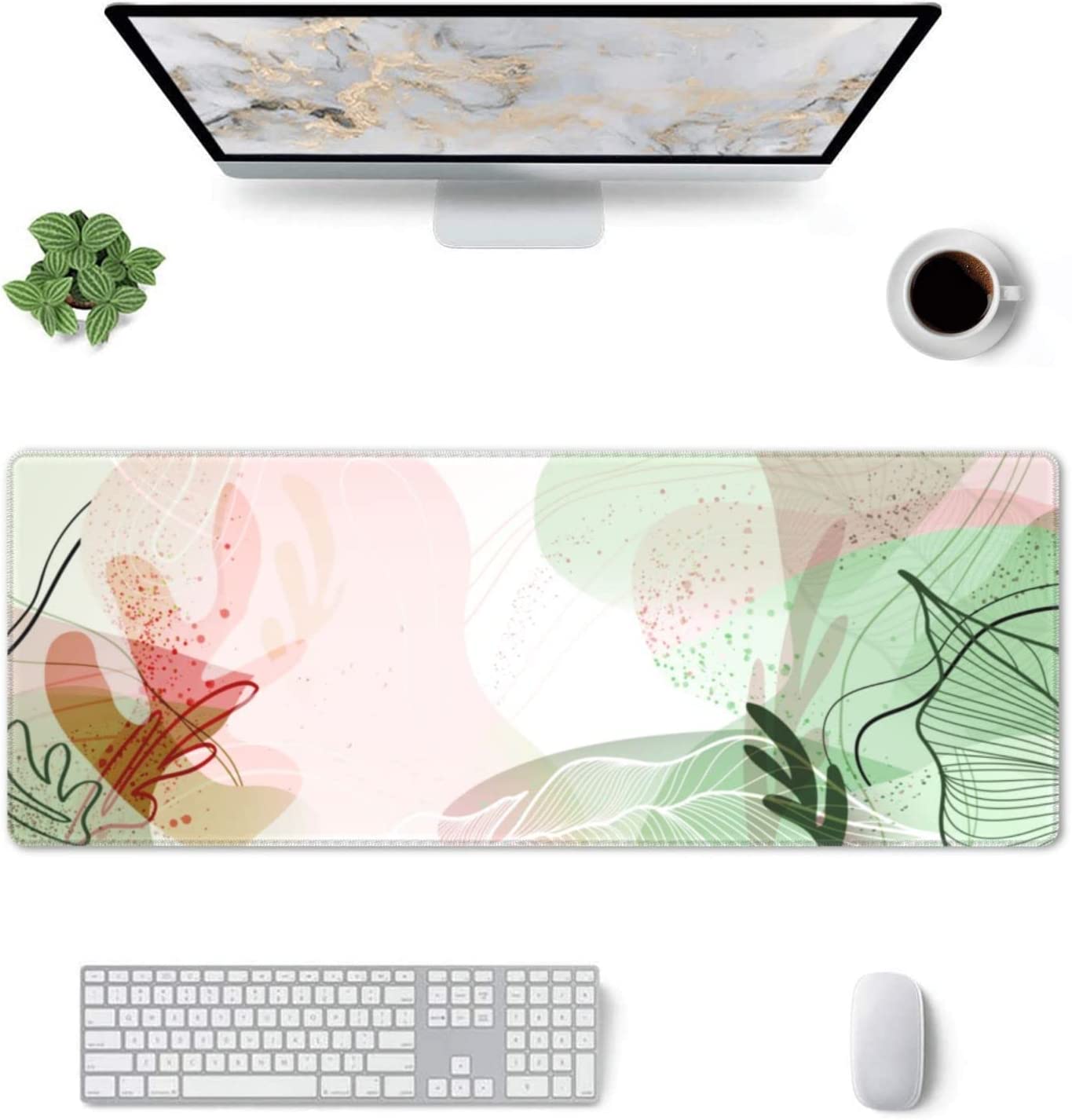 Abstract Tropical Leaves Gaming Mouse Pad XL, Extended Stitched Edges Mousepad, Large Mouse Mat Desk Pad, Long Non-Slip Rubber Base Mice Pad（31.5x12 Inch）