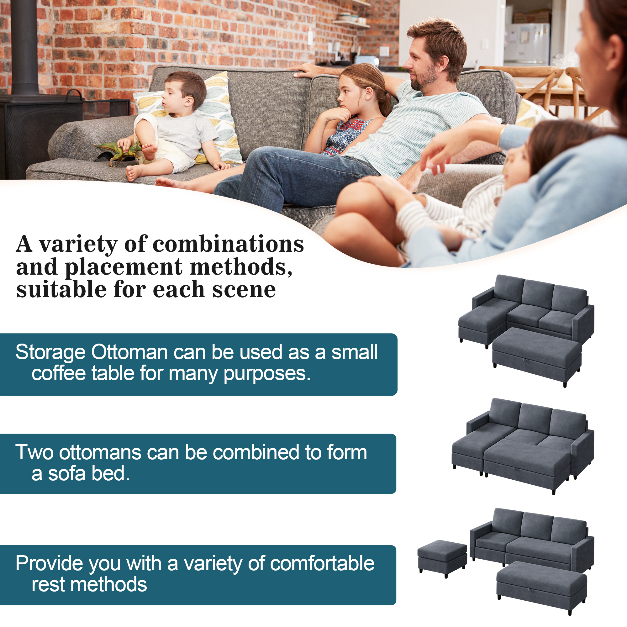 Walsunny Sectional Sofa bed Linen Couch L Shaped 4 Seat with Storage Ottoman Dark Gray - image 2 of 7