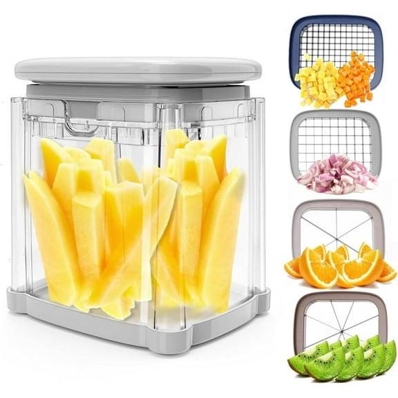 XUET French Fry Cutter 4-in-1, Potato Cutter for Fries, Onion Dicer, Food Chopper & Apple Slicer – Manual Hand Vegetable Cutter with 4 Blades