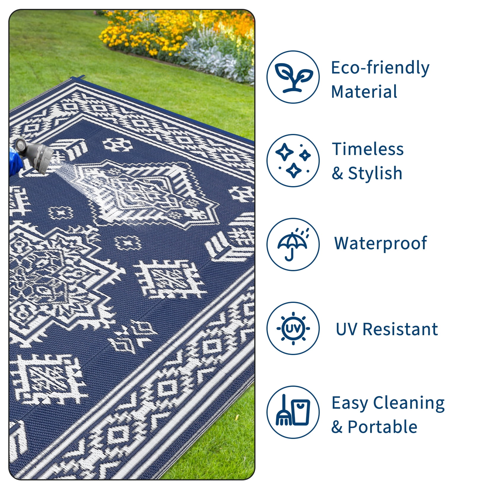 Nanan 9'x18' Indoor Outdoor Rug Boho Waterproof Plastic Straw Patio Rug, Reversible RV Camping Carpet for Backyard, RV, Deck, Porch, Balcony, Dark Blue