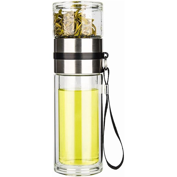 Glass Tea Infuser Bottle Tea Tumbler Double Wall Glass Borosilicate Travel Mug Leakproof for Loose Leaf Tea,Flower Tea,Herbal,and Te