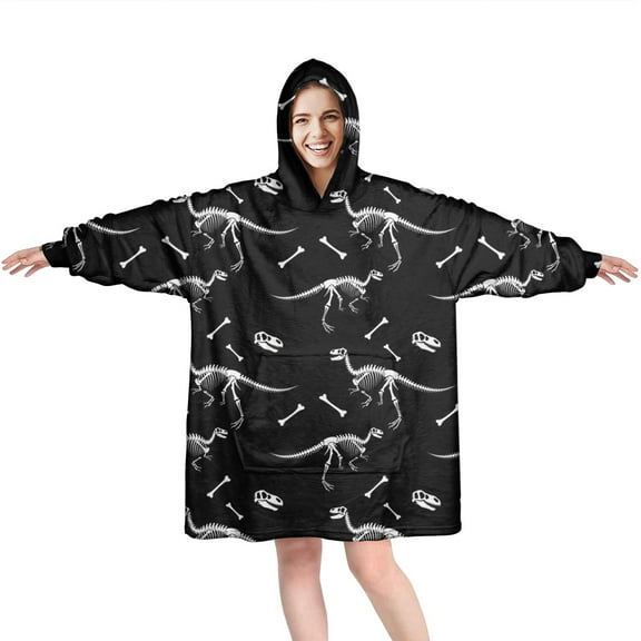 Wearable Oversized Blanket,Black Cartoon Dinosaurs Fossils Pattern Wearable Blanket Hoodie for Adults,Cozy Hooded Blankets with Super Pockets,Super Warm Fuzzy Pullover for Women & Men