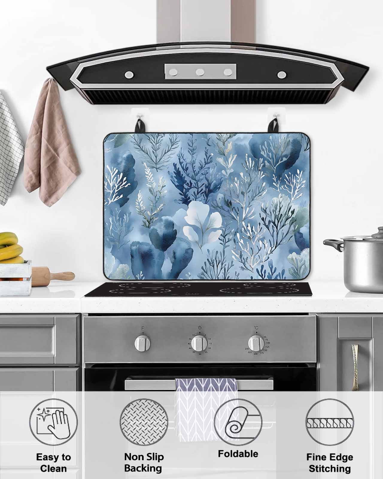 nqOlkjepod Large Induction Cooktop Protector Mat 36"x21", Blue Botanical Art Stove Top Covers for Electric Stove, Pastoral Watercolor Leaf Modern Stove Burner Cover Mats, Glass Top Stove Cover