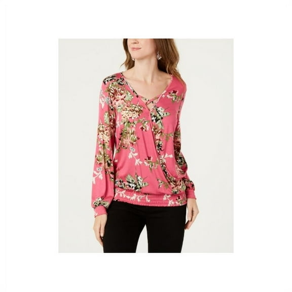 Style & Co Printed Stripe Smocked Surplice Top Pink XL