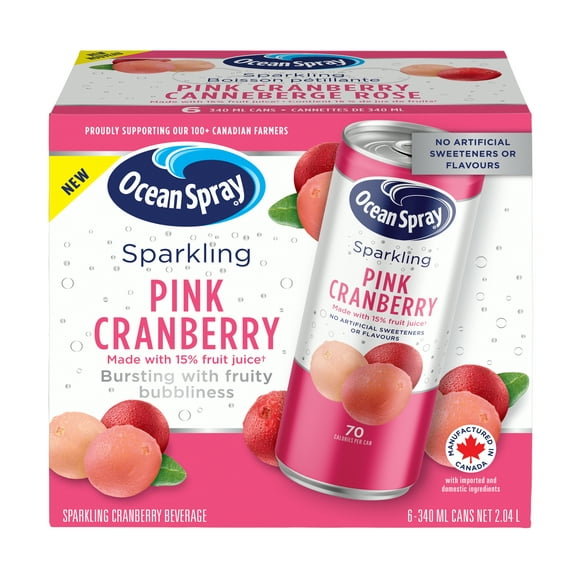 Ocean Spray Sparkling Pink 6PK, 340ml Cans, No allergens, Recyclable, OS Sprk Cran Pink 6pk