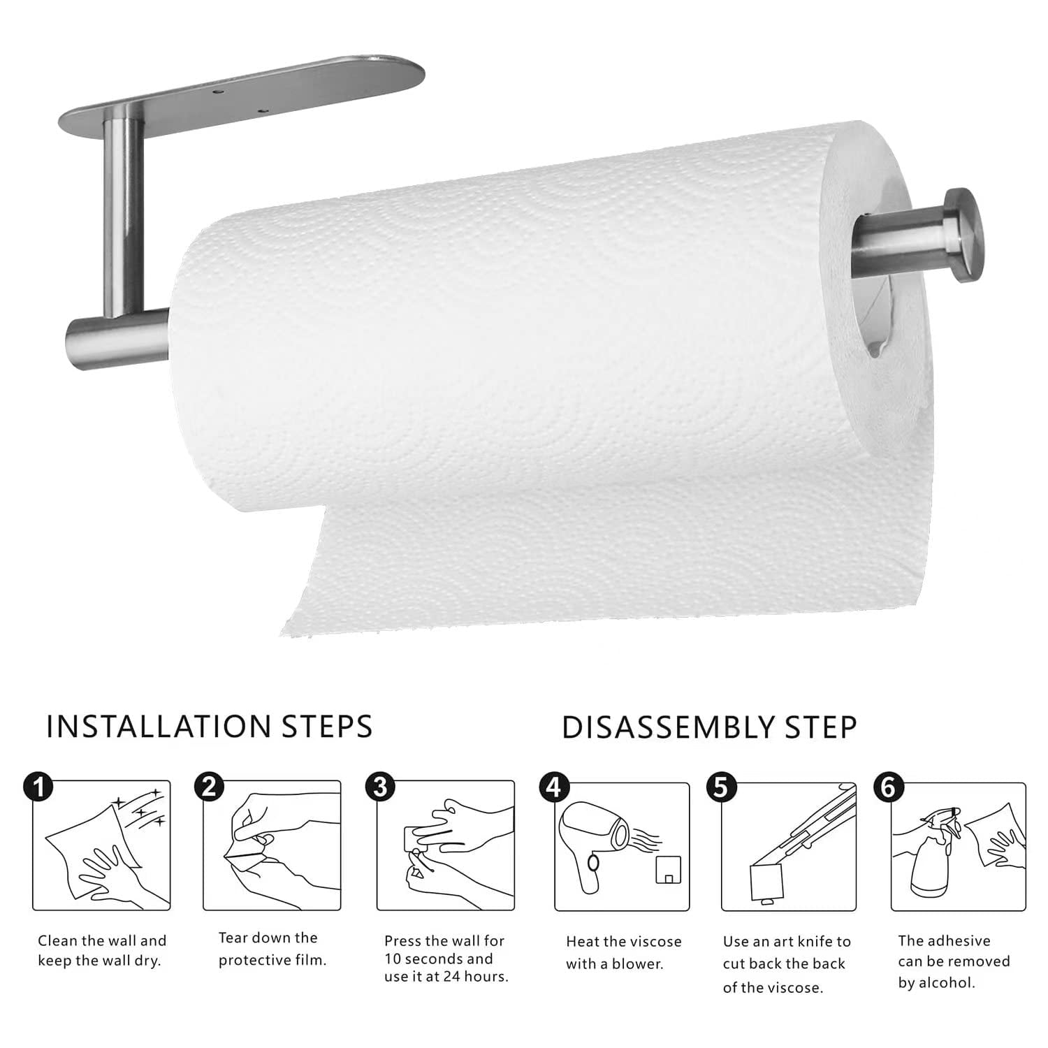 Paper Towel Holders for Kitchen,Paper Towels Bulk- Self-Adhesive Under Cabinet,Both Available in Adhesive and Screws,Stainless Steel