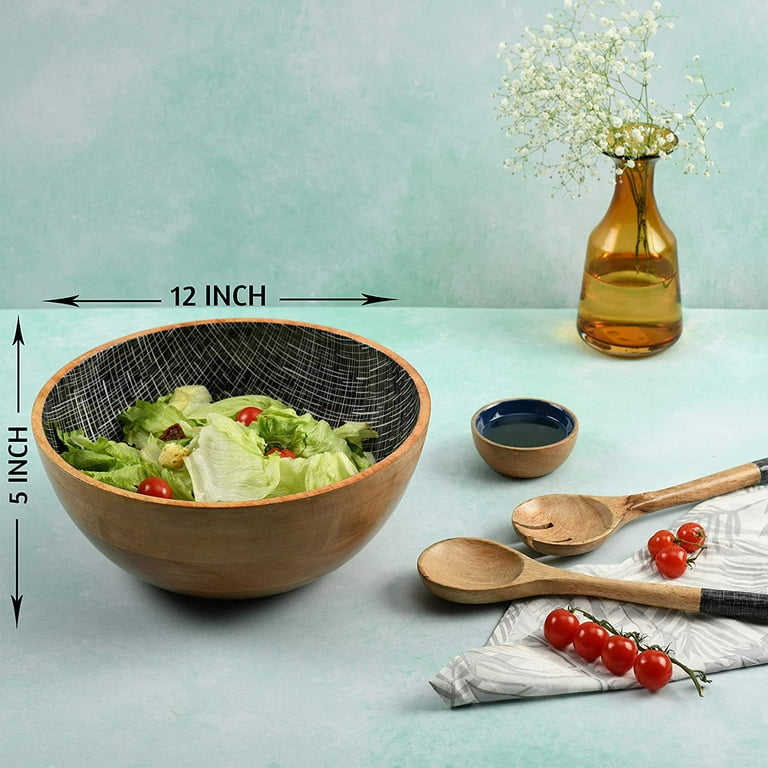 Wooden Salad Bowl or Mixing Bowls with Serving Tongs, Large