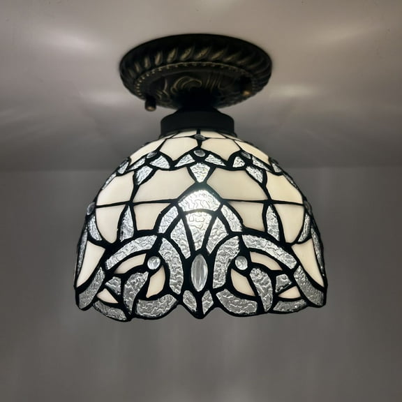 Tiffany Ceiling Lights Fixture White Stained Glass Baroque Style LED Bulb Included for Living Room Bedroom Kitchen 8”W*8”D*8”H