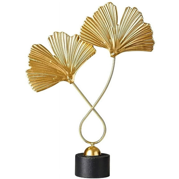 Home Decor Iron Golden Ginkgo Leaf Ornaments with 2 Leaves and Base Modern Simple Table Sculpture